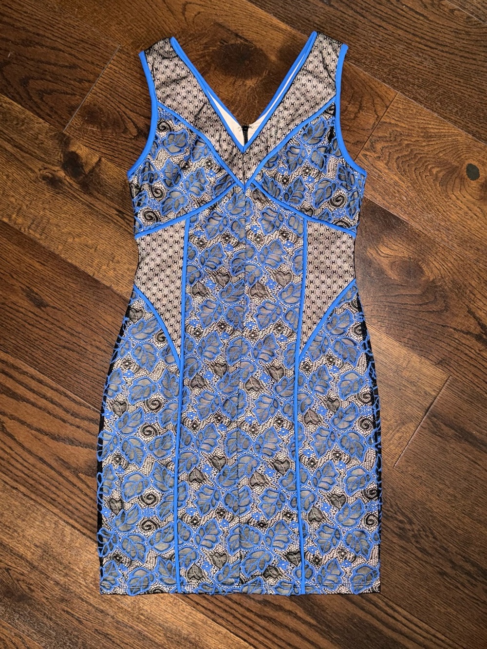 Nikibiki Blue Lace-Overlay V-Neck Bodycon Mini Dress